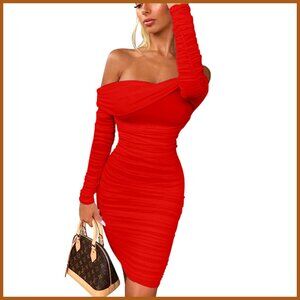 Polyester Spandex Off Shoulder Ruffle Long Sleeve Ruched Bodycon Mini Dress